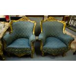 PAIR OF ORNATE GILT GREEN ARM CHAIRS