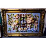 LARGE RELIEF MOULD CHERUB SCENE IN ORNATE GILT FRAME.