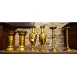 PAIR OF BRASS CANDLESTICKS + 4 BRASS VASES