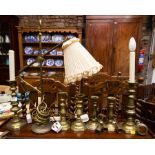 BRASS DESK LIGHT + PAIR OF BRASS CANDLESTICKS + BRASS