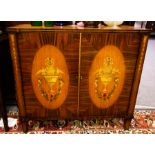 PAIR OF INLAID MAHOG. 2 DOOR SIDE CABINETS WITH PAINTED PANEL.
