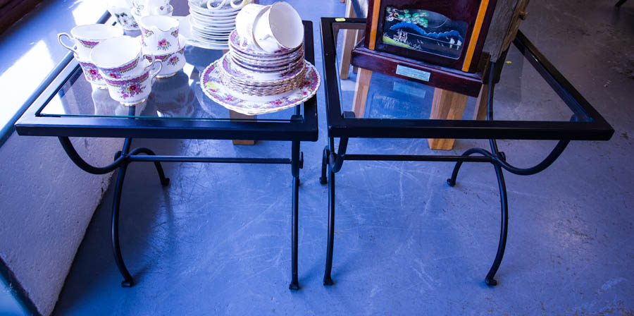 PAIR OF WROUGHT IRON GLASS TOP OCCASIONAL TABLES