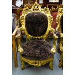 PAIR OF VERY ORNATE GILT VELVET SEAT ARM CHAIRS