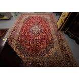 RED GROUND PERSIAN KASHAN CARPET WITH TRADITION MEDALLION DESIGN 370 X 245CM