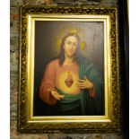 OIL ON CANVAS SACRED HEART IN ORNATE GILT FRAME. A.