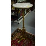 PAIR OF BRASS POT STANDS WITH MARBLE TOPS