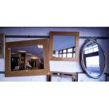 PAIR OF MODERN PINE MIRRORS + OVAL SILVERED MIRROR
