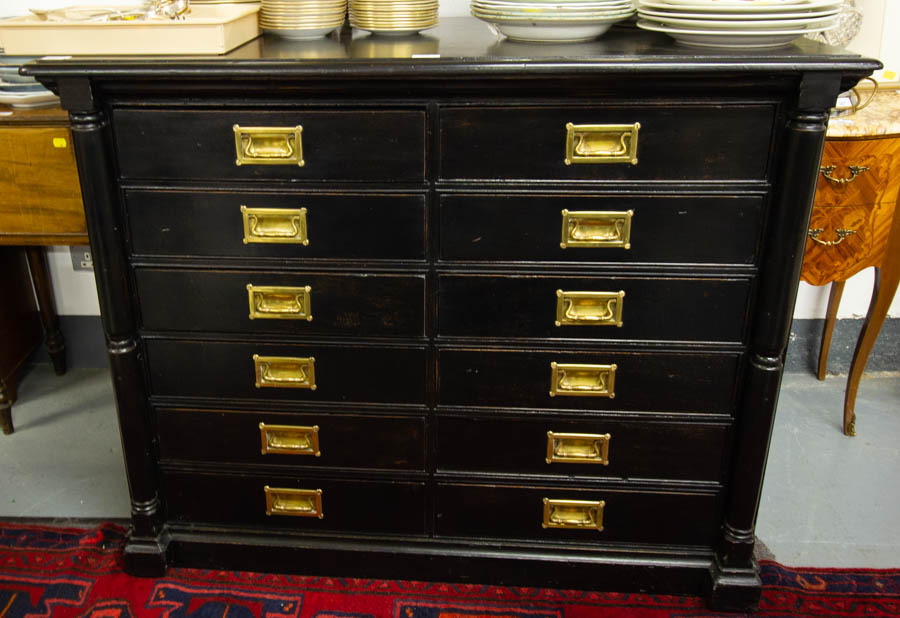 EBONISED 12 DRAWER HABERDASHERY CHEST WITH ORIGINAL BRASS FITTINGS.