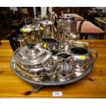 ROUND SILVER PLATED TRAY + MISC TEA SETS