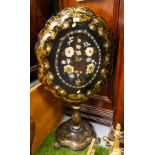 ANTIQUE LACQUERED + MOTHER OF PEARL INLAID PAPIER MACHE TIP UP TABLE