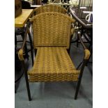 PAIR OF METAL FRAME GARDEN CHAIRS + PAIR OF BLACK WICKER CHAIRS