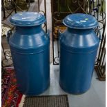 PAIR OF PAINTED BLUE MILK CHURNS.