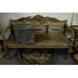 CARVED SHELL BACK GARDEN SEAT WITH WOODEN SLATS.