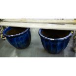 PAIR OF LARGE BLUE GLAZED POTS.