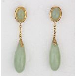 Pair of jadeite, 14k yellow gold drop earrings