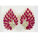 Pair of ruby, diamond, 14k yellow gold earrings