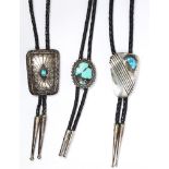 (Lot of 3) Native American turquoise, silver bolo ties