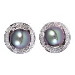 Pair of Tahitian cultured pearl, diamond, 18k white gold earrings