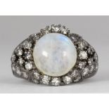 Moonstone, diamond, blackened rhodium ring