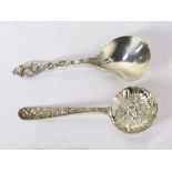 (lot of 2) A Tiffany Strawberry berry casserole spoon with kidney bowl and pierced handle
