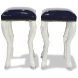 Pair of John Dickinson style blue vinyl upholstered bar stools