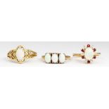 (Lot of 3) Opal, ruby, diamond, yellow gold rings