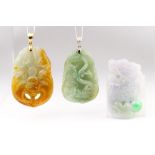 (Lot of 3) Carved jadeite, diamond, gold pendants