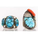 (Lot of 2) Native American turquoise, coral, silver rings