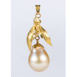 Cultured pearl, 22k yellow gold pear pendant