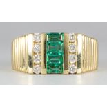 Emerald, diamond, 14k yellow gold ring