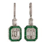 Pair of diamond, emerald, 18k white gold earrings