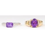 (Lot of 2) Amethyst, diamond, 14k gold rings