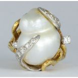 Cultured pearl, platinum, 18k yellow gold ring