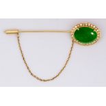 Jadeite, diamond, 14k yellow gold stickpin