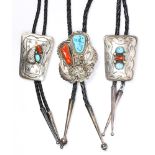 (Lot of 3) Native American turquoise, coral, silver bolo ties