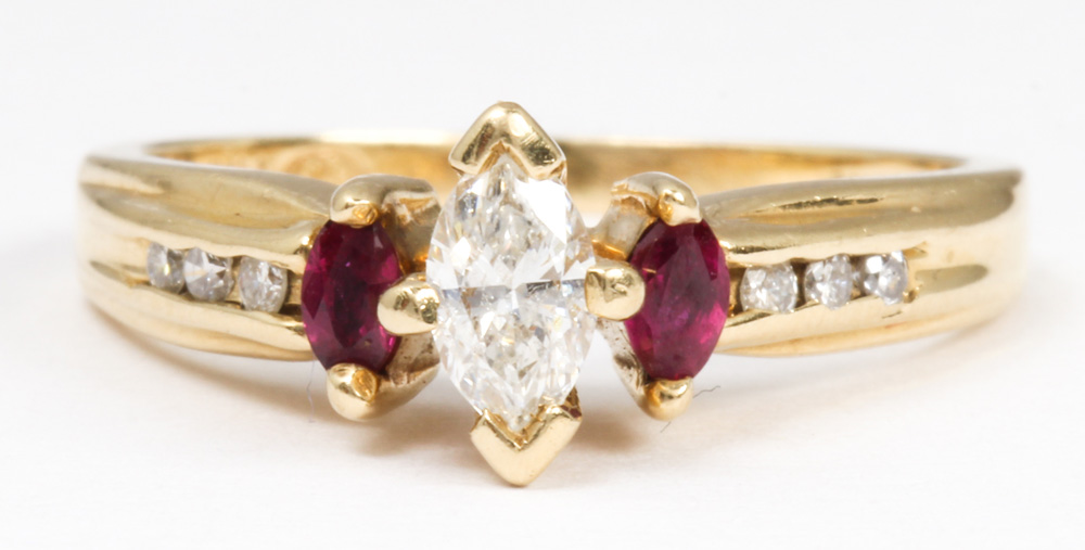 Diamond, ruby, 14k yellow gold ring