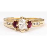 Diamond, ruby, 14k yellow gold ring