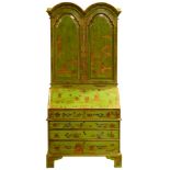 A George III style Chinoiserie green lacquered bureau bookcase