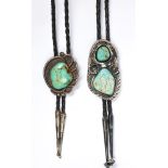 (Lot of 2) Native American turquoise, silver bolo ties