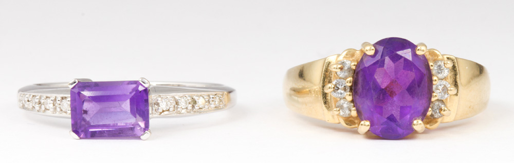 (Lot of 2) Amethyst, diamond, 14k gold rings - Image 2 of 10