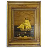 A marquetry decorated scenic panel depicting a sailboat at sea