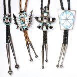 (Lot of 4) Native American multi-stone inlaid, sterling silver, silver, metal bolo ties