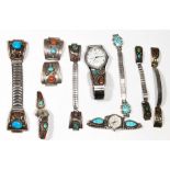 Collection of Native American multi-stone, sterling silver, silver, metal wristwatches and parts