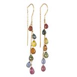 Pair of multi-colored sapphire, 14k yellow gold earrings