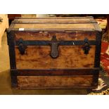 Vintage metal mounted wood paneled steamer trunk