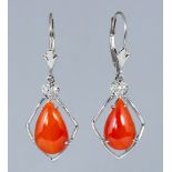 Pair of coral, diamond, 14k white gold earrings