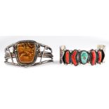 (Lot of 2) Native American multi-stone, silver bracelets