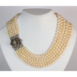 Cultured pearl, emerald, sapphire, silver multi-strand necklace