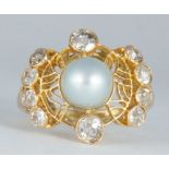 Cultured pearl, diamond, 14k yellow gold ring