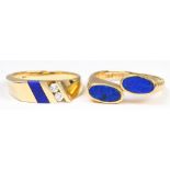 (Lot of 2) Lapis lazuli, diamond, 14k yellow gold rings